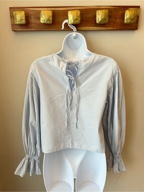 Cottagecore Pinstripe Ruffle Cuff Cotton Peasant Blouse Top - Approx Medium